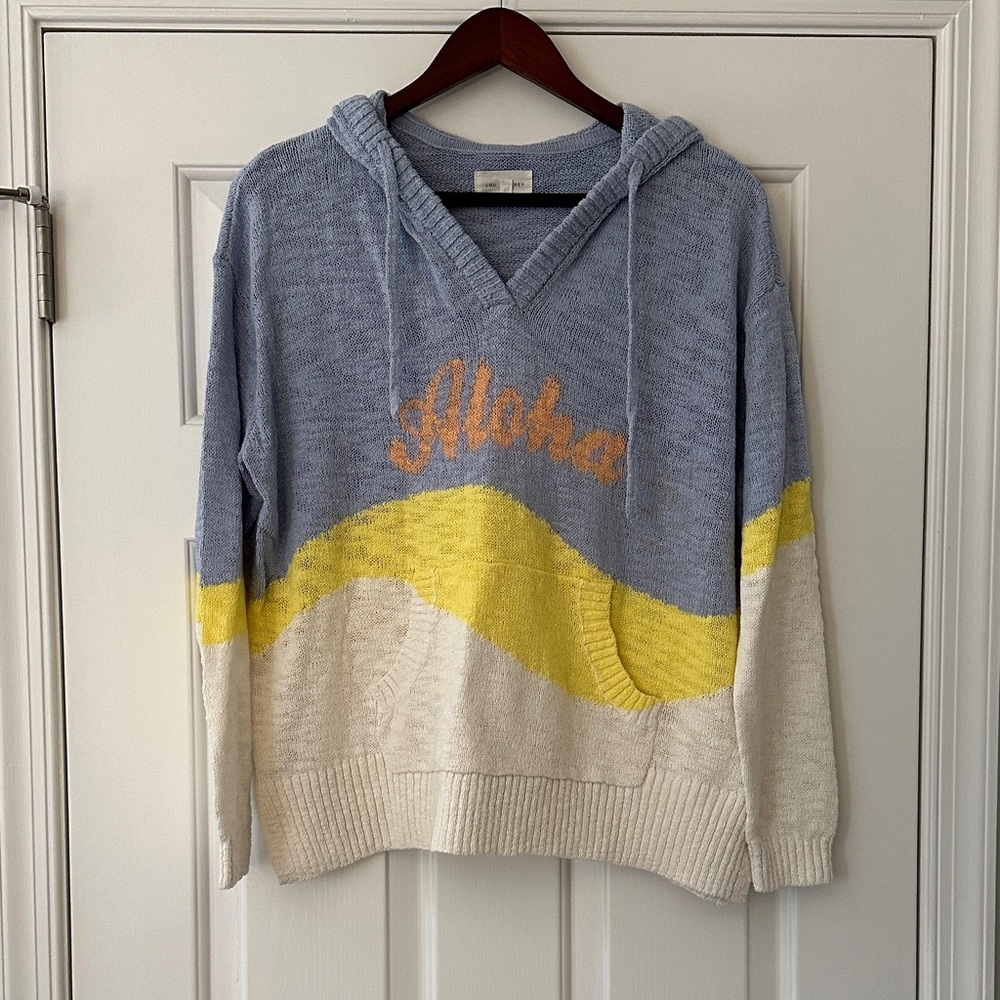 Lou & Grey Aloha Hooded Colorblock Sweater - Light Blue, Yellow & Cream